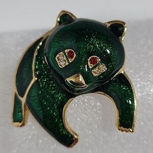 Enamel Panda Bear with Green Body & Clear & Red Rhinestone Eyes Brooch